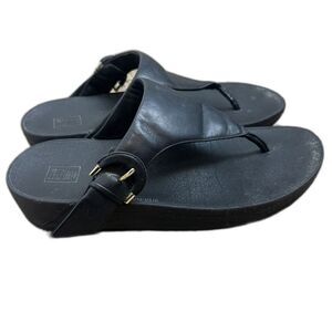 Fitflop Sandals Womens 10 Black Leather Toning Wedge Thong Casual Buckle Shoes